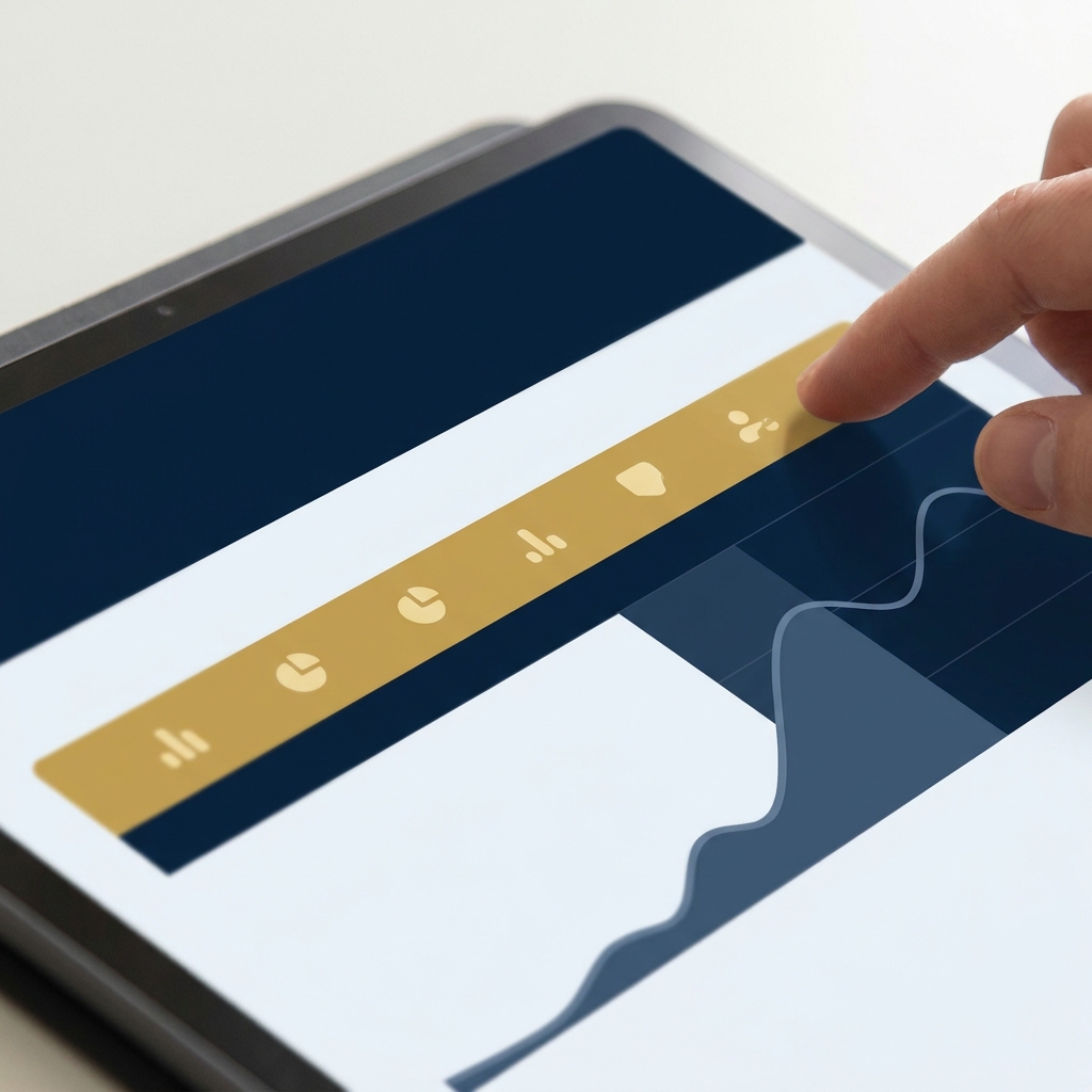 Close-up of a dashboard toolbar and line chart on a tablet.