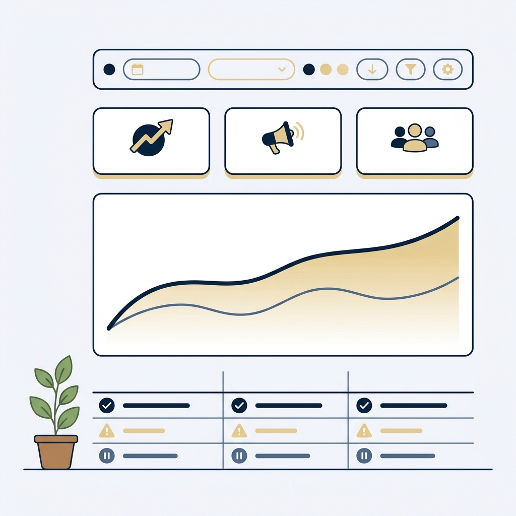 Marketing dashboard diagram with metric cards, a trend chart and a table.