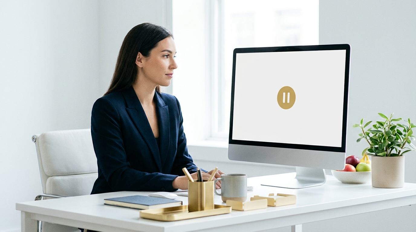 Reviewer seated beside a monitor displaying a pause symbol.