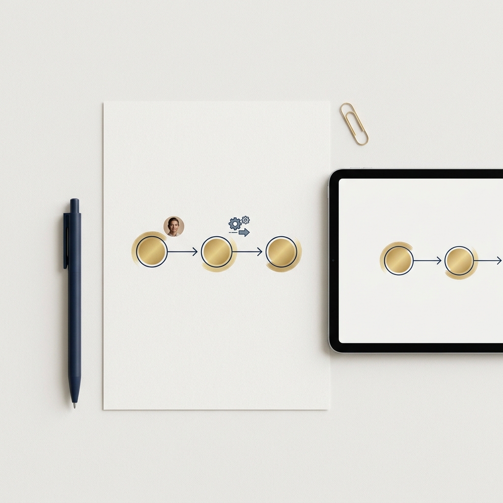 Workflow diagrams with approval checkpoints on paper and a tablet.
