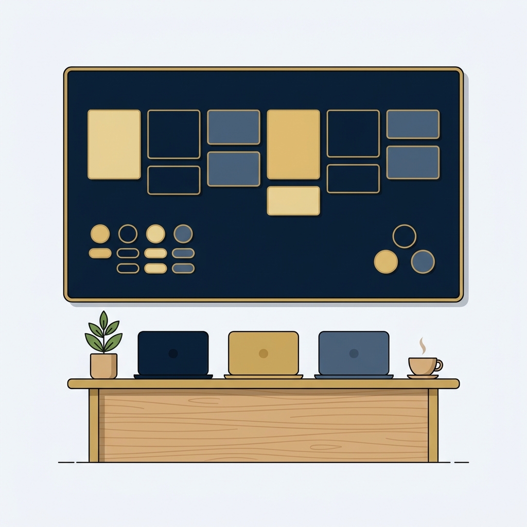 Decision-queue diagram above a meeting table with laptops.