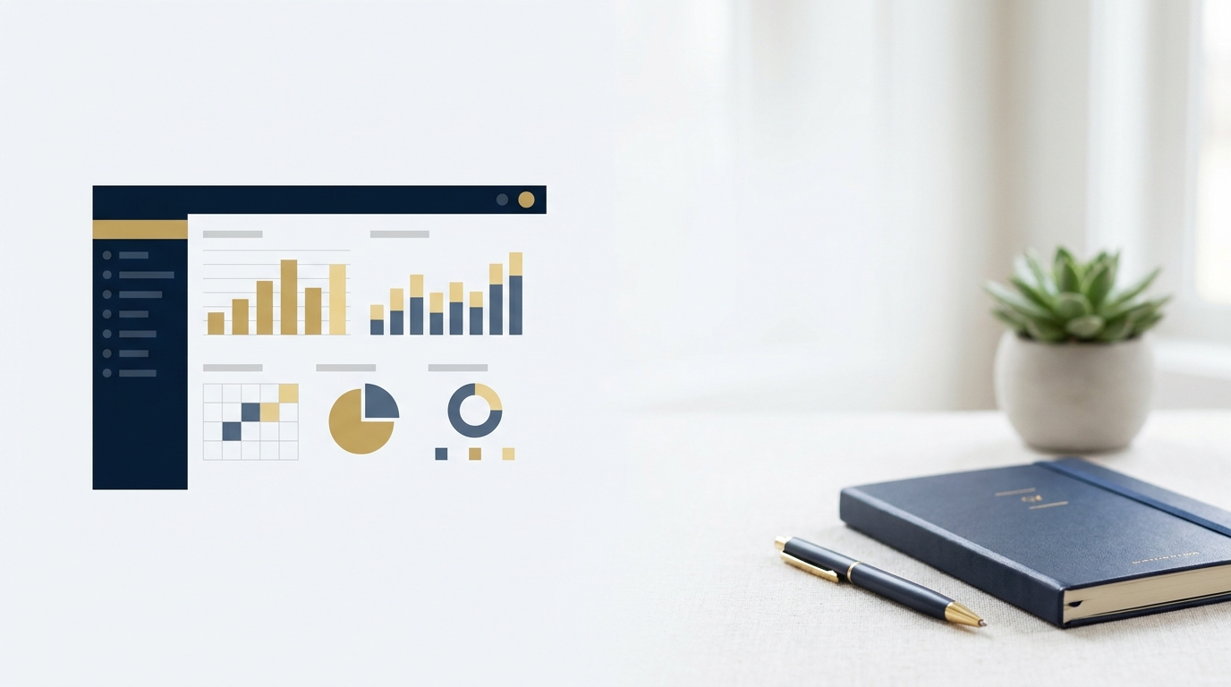 Conceptual analytics dashboard beside a notebook and plant.