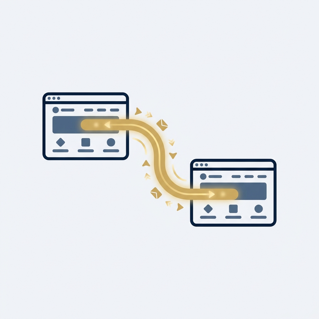 Two browser windows connected by a curved path.